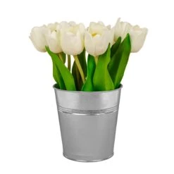9 In. Spring White Tulip Bouquet In Metal Pot
