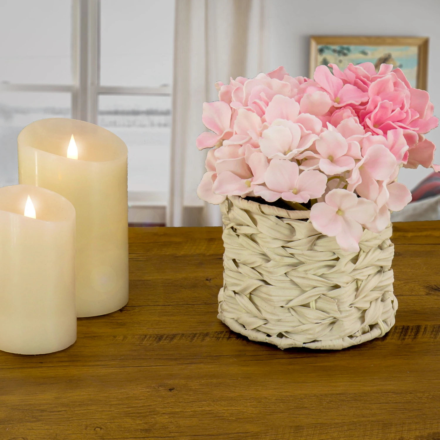 10 In. Spring Light Pink Hydrangea Bouquet In White Basket 2 10 In. Spring Light Pink Hydrangea Bouquet In White Basket - Image 2