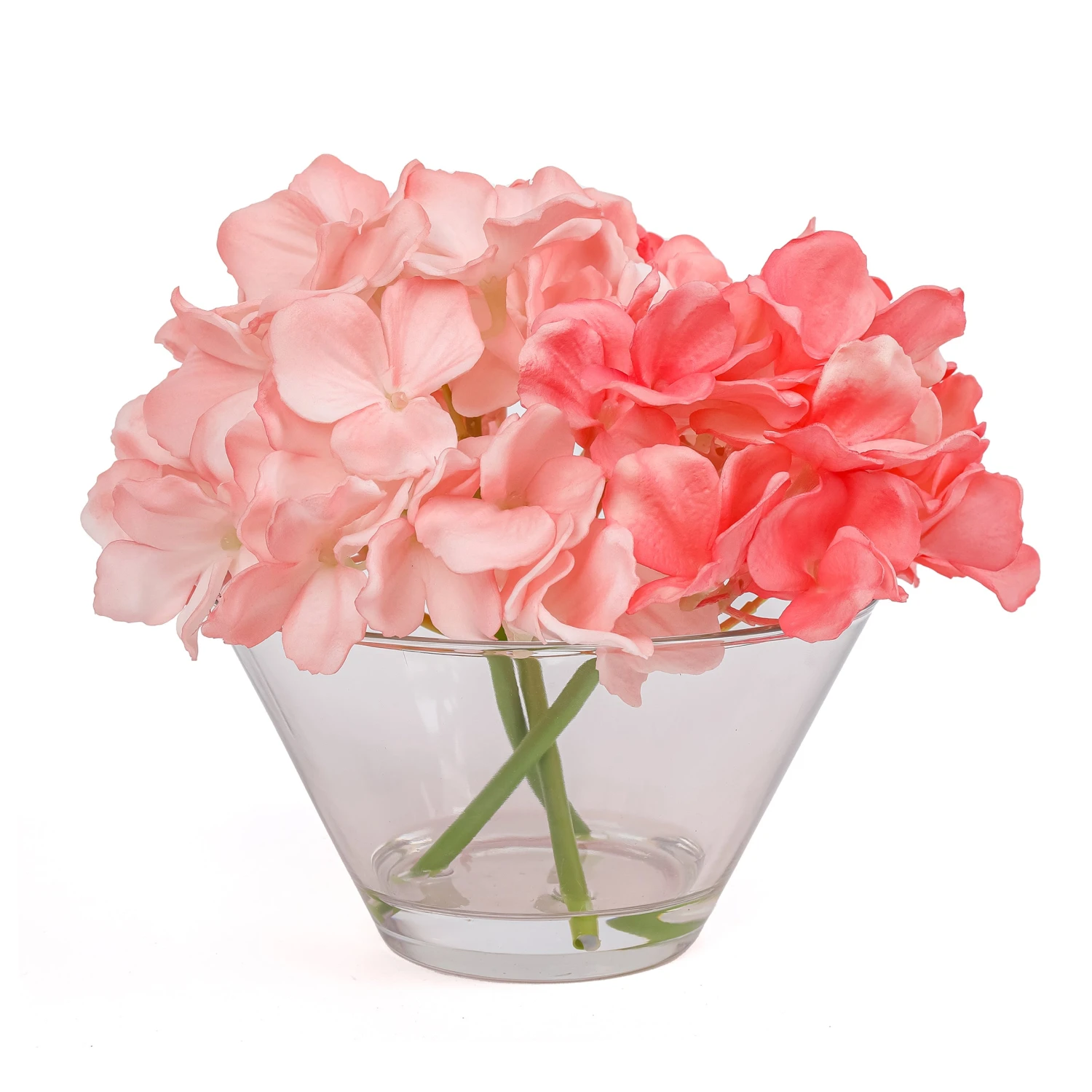 8 In. Spring Coral Hydrangea Bouquet In Glass Vase 1 8 In. Spring Coral Hydrangea Bouquet In Glass Vase