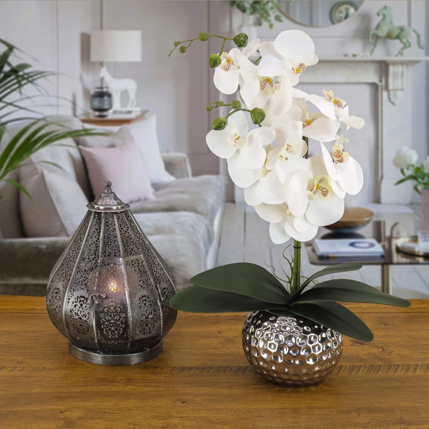 21 In. Spring White Orchid In Silver Smooth Ceramic Pot 2 21 In. Spring White Orchid In Silver Smooth Ceramic Pot - Image 2