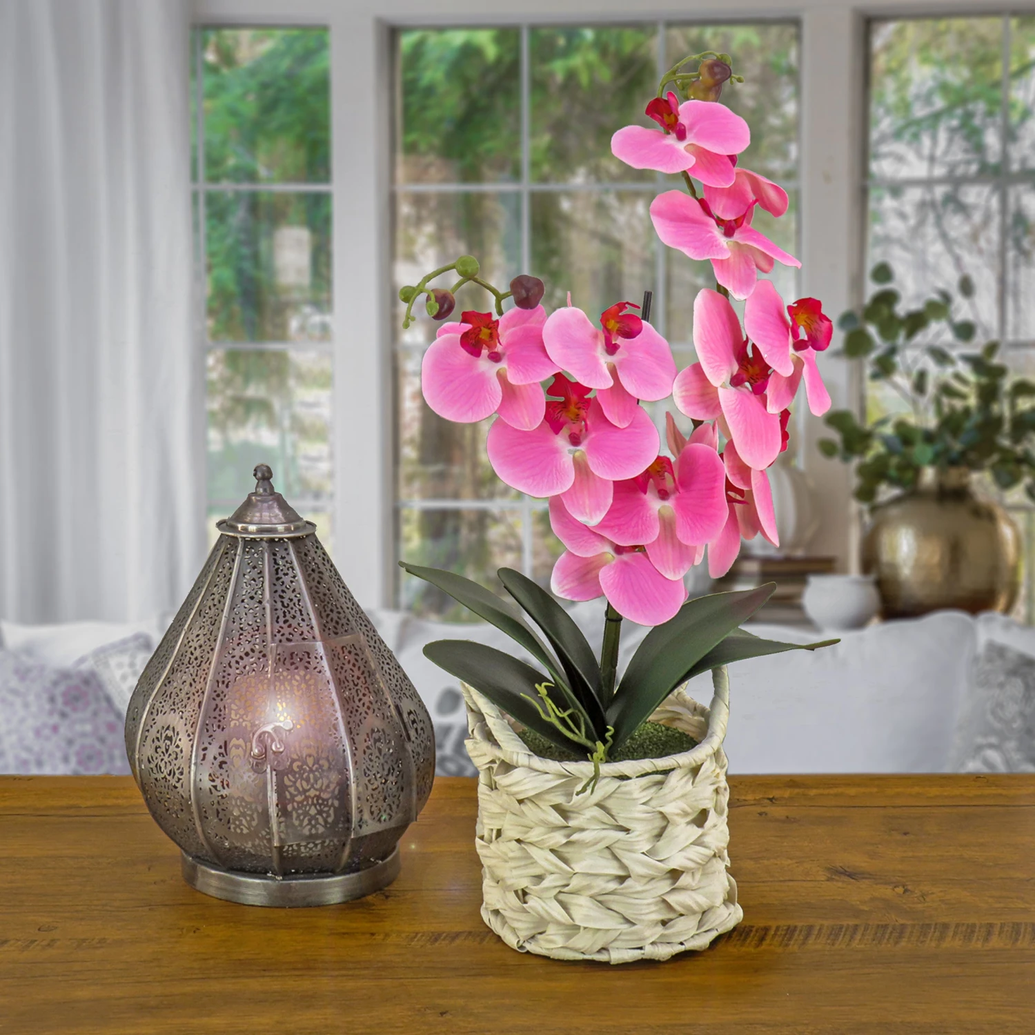 21 In. Spring Pink Orchid In White Basket 2 21 In. Spring Pink Orchid In White Basket - Image 2