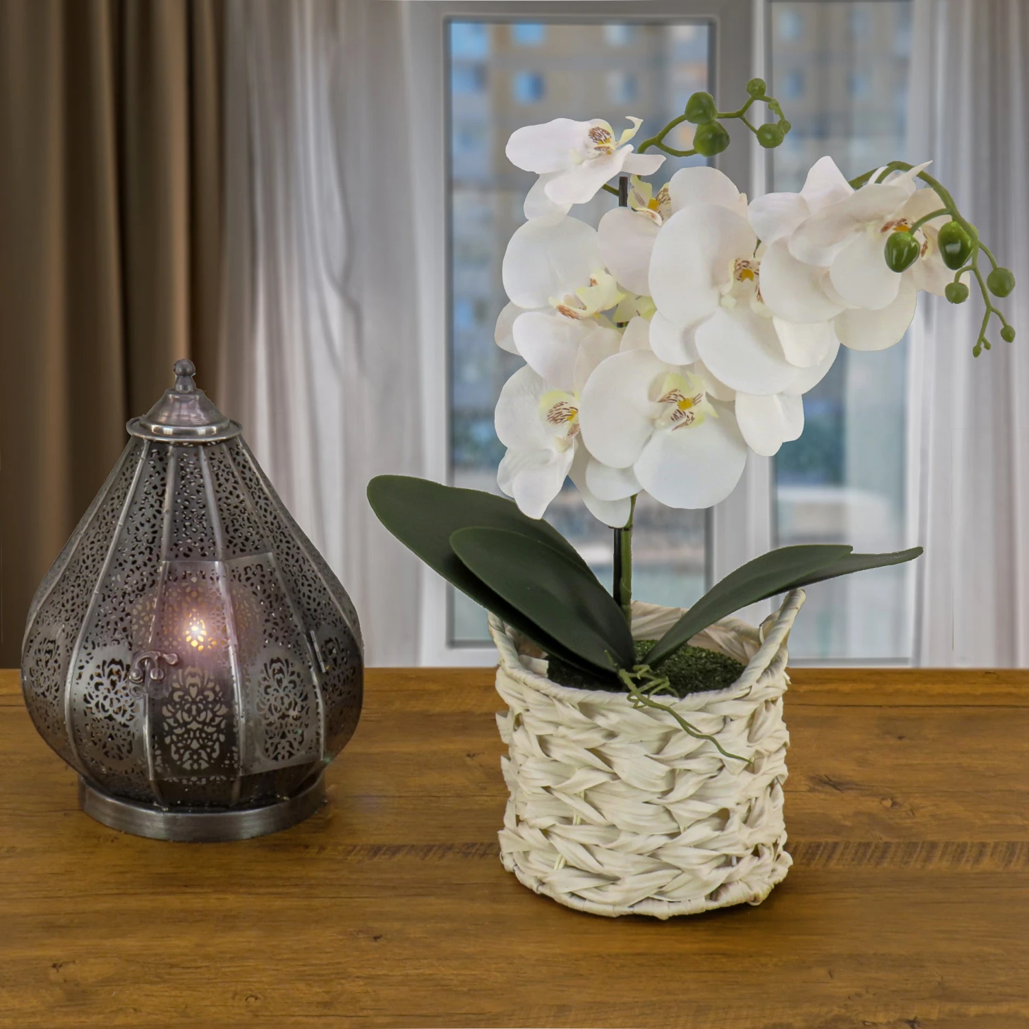 21 In. Spring White Orchid In White Basket 2 21 In. Spring White Orchid In White Basket - Image 2