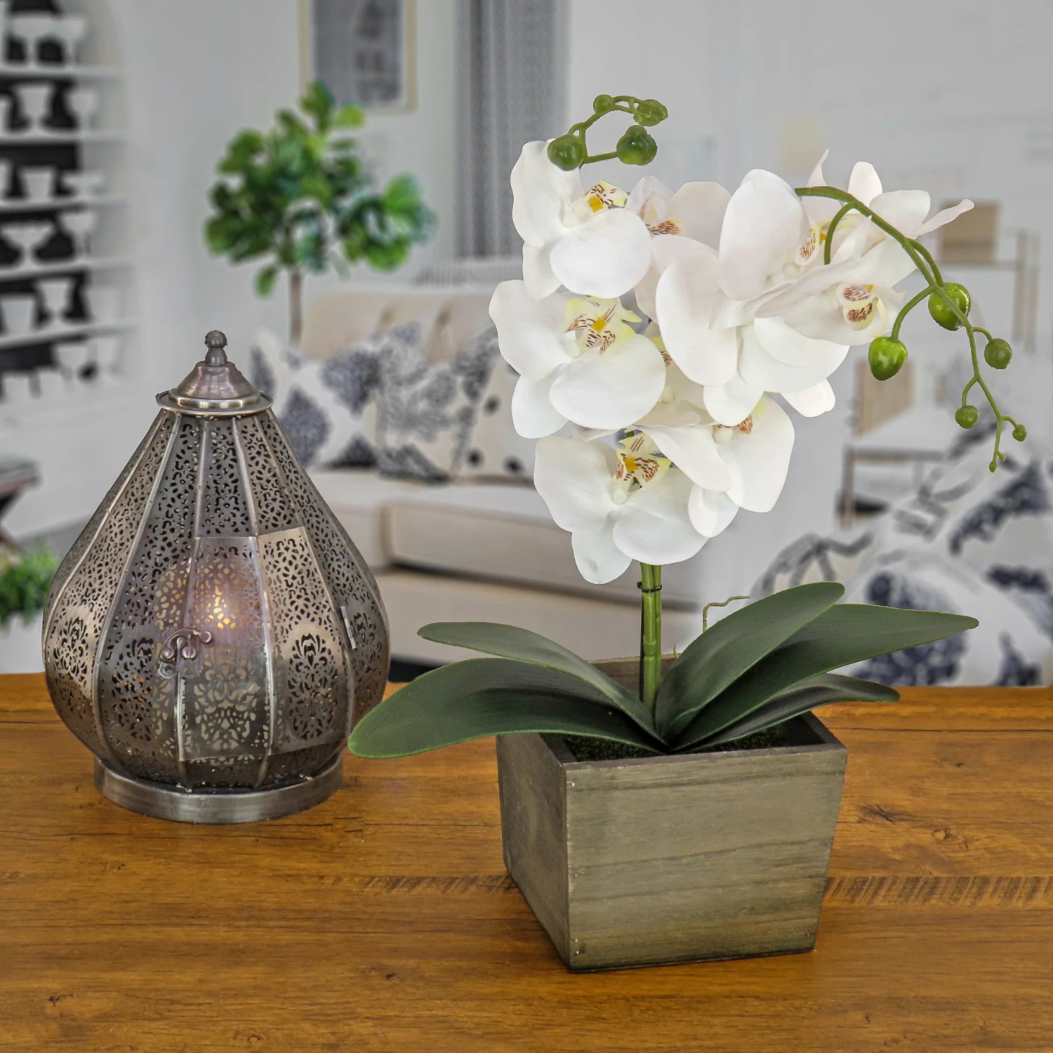 21 In. Spring White Orchid Flower In Wood Box 2 21 In. Spring White Orchid Flower In Wood Box - Image 2
