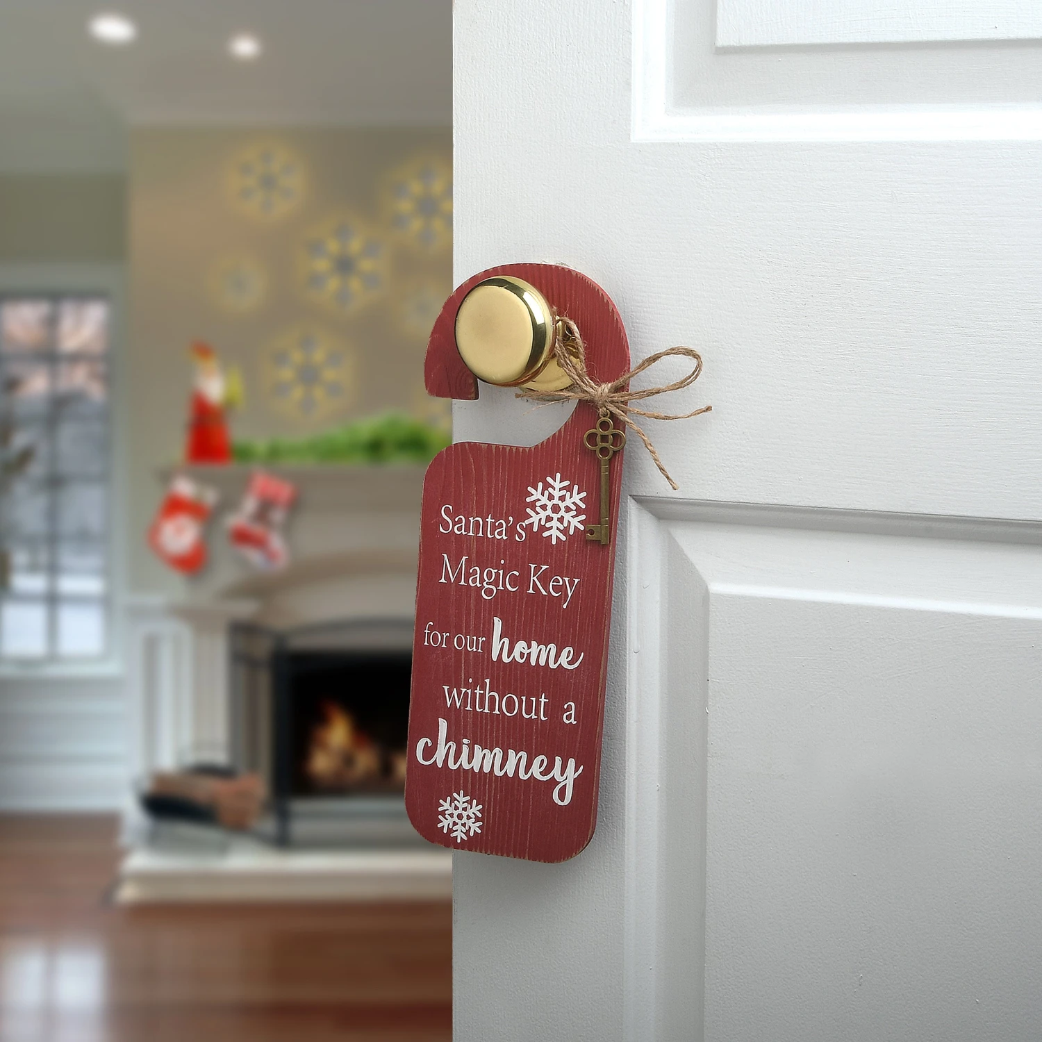 12 In. Santa's Key Doorknob Christmas Sign, Red With White Lettering And Decorative Ornate Key, Snowflakes 2 12 In. Santa's Key Doorknob Christmas Sign, Red With White Lettering And Decorative Ornate Key, Snowflakes - Image 2