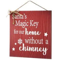 10 In. Santa's Key Door Christmas Sign, Red With White Lettering And Decorative Ornate Key, Stars And Snowflakes