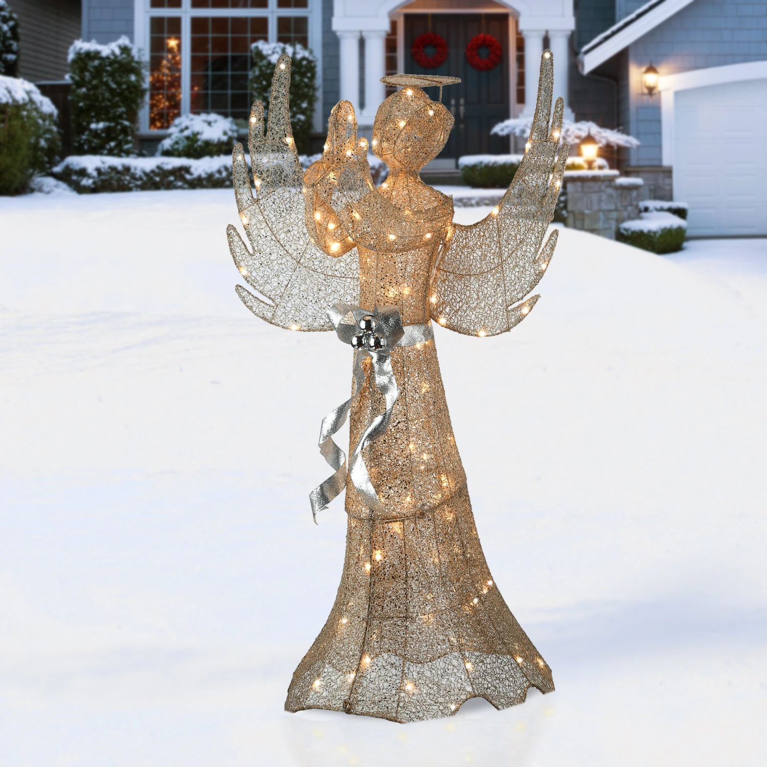 53 In. Champagne Gold Praying Angel With LED Lights 2 53 In. Champagne Gold Praying Angel With LED Lights - Image 2