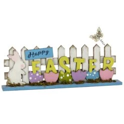 16 In. Happy Easter Picket Fence Table Decoration, Designed With Painted Eggs And Butterfly