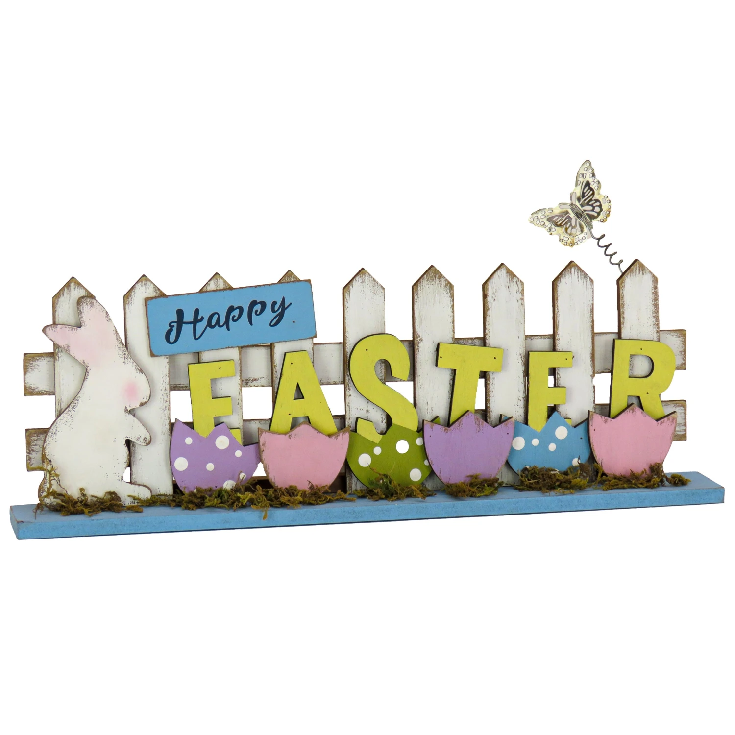 16 In. Happy Easter Picket Fence Table Decoration, Designed With Painted Eggs And Butterfly 1 16 In. Happy Easter Picket Fence Table Decoration, Designed With Painted Eggs And Butterfly