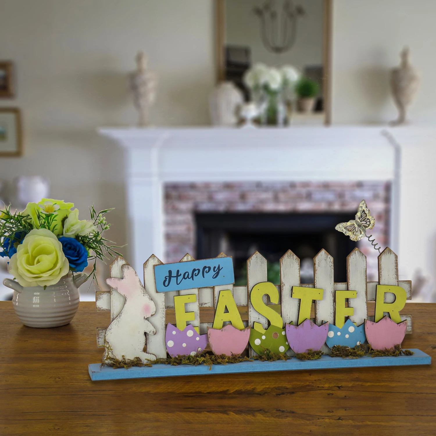 16 In. Happy Easter Picket Fence Table Decoration, Designed With Painted Eggs And Butterfly 2 16 In. Happy Easter Picket Fence Table Decoration, Designed With Painted Eggs And Butterfly - Image 2