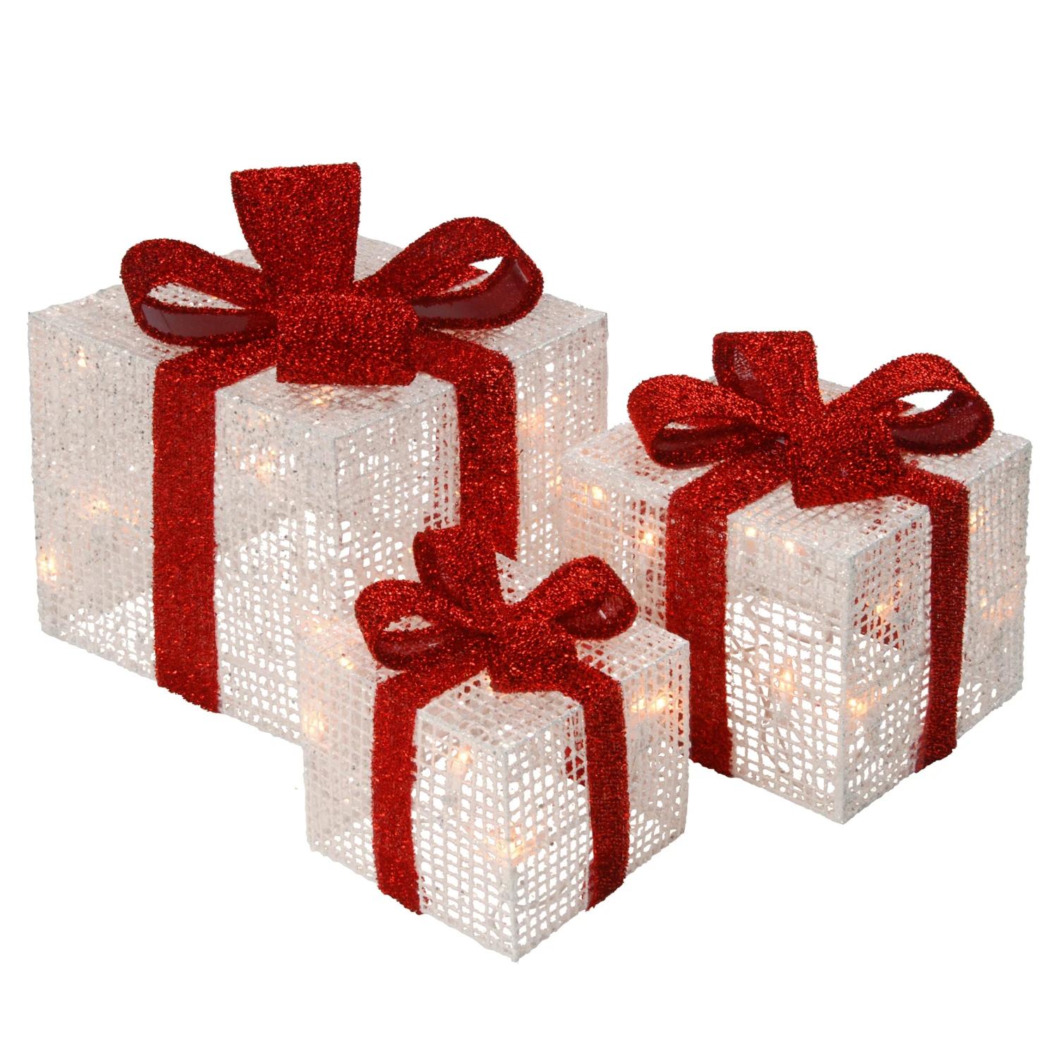 Pre-Lit White Gift Boxes, Set Of Three, White Lights 1 Pre-Lit White Gift Boxes, Set Of Three, White Lights