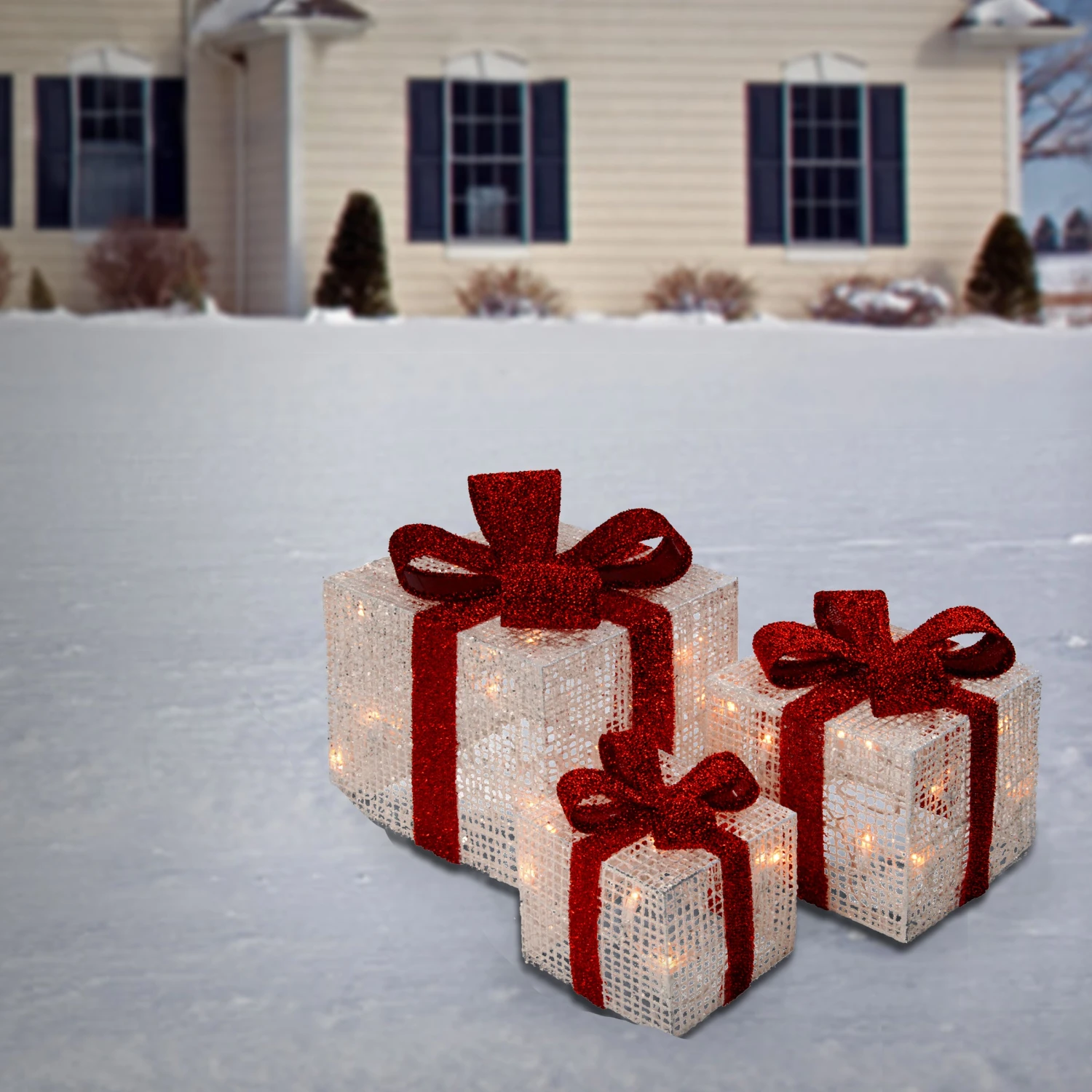 Pre-Lit White Gift Boxes, Set Of Three, White Lights 2 Pre-Lit White Gift Boxes, Set Of Three, White Lights - Image 2