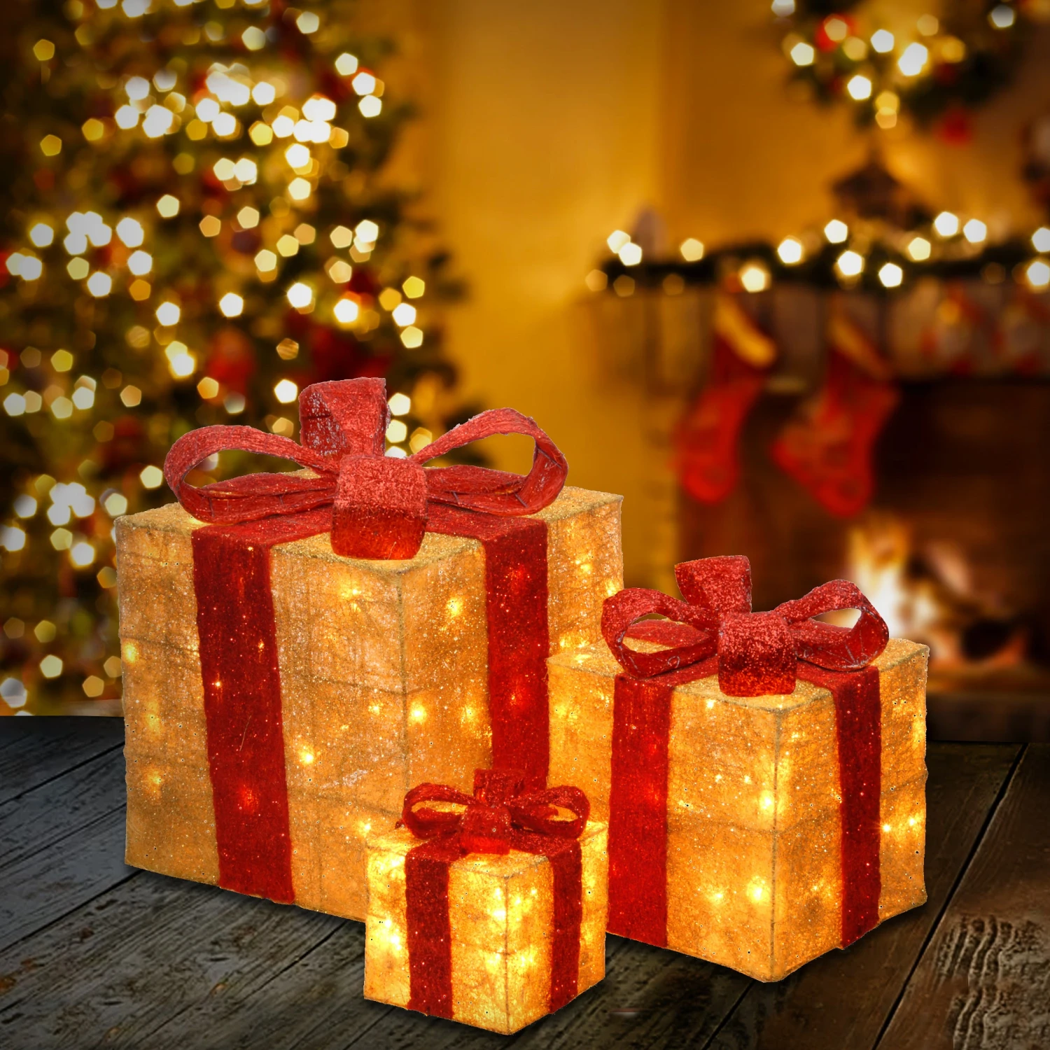 Pre-Lit Gold Gift Boxes, Set Of Three, 105 White Lights 2 Pre-Lit Gold Gift Boxes, Set Of Three, 105 White Lights - Image 2