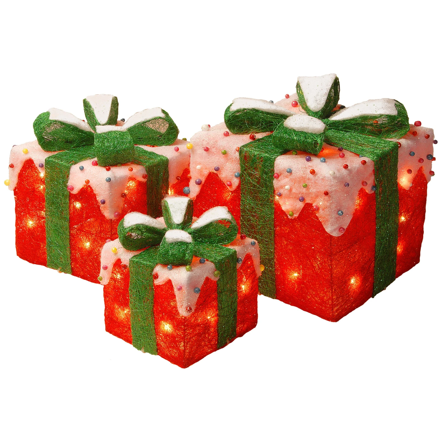 Pre-Lit Red And White Gift Boxes, Set Of Three, White Lights 1 Pre-Lit Red And White Gift Boxes, Set Of Three, White Lights