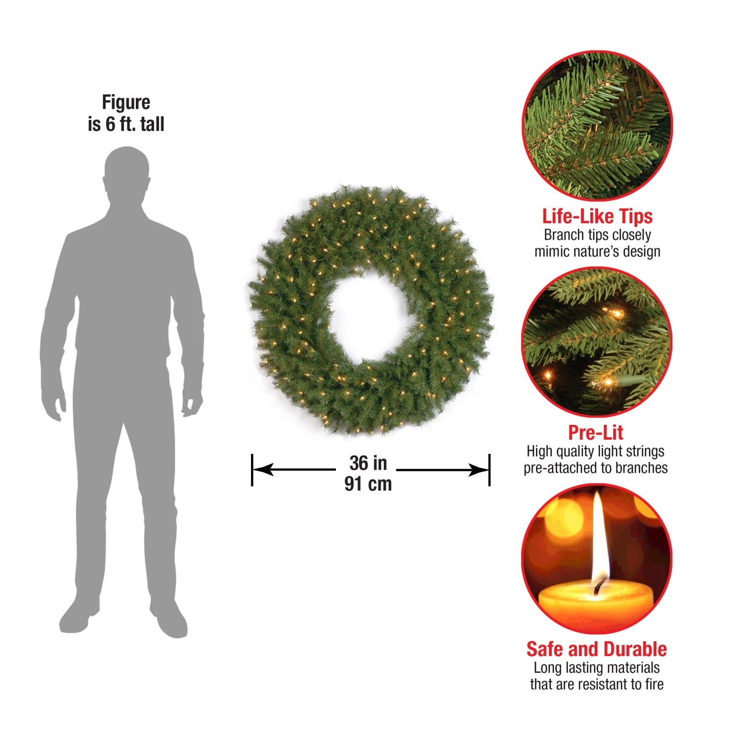 36 In. Pre-Lit Norwood Fir Wreath With Clear Lights 4 36 In. Pre-Lit Norwood Fir Wreath With Clear Lights - Image 4