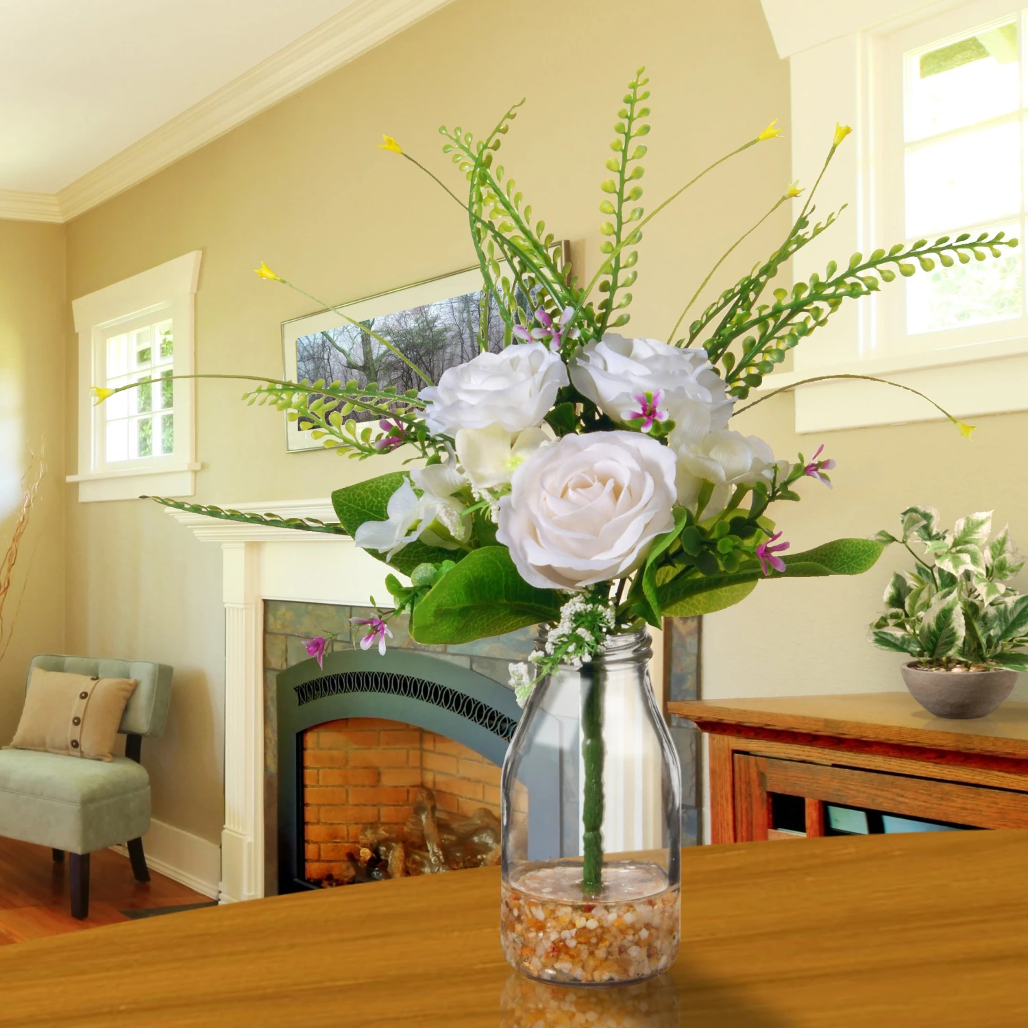 12 In. Spring White Roses Flower Bouquet In Glass Vase With Leafy Greens 2 12 In. Spring White Roses Flower Bouquet In Glass Vase With Leafy Greens - Image 2