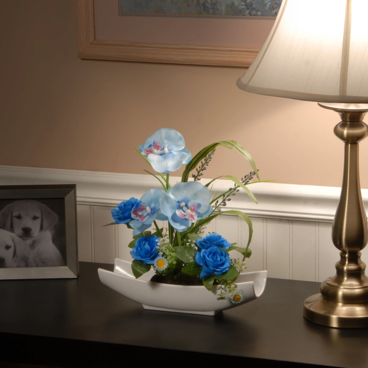 15 In. Spring Potted White Orchid And Blue Roses Flower Pot With Leafy Greens 2 15 In. Spring Potted White Orchid And Blue Roses Flower Pot With Leafy Greens - Image 2