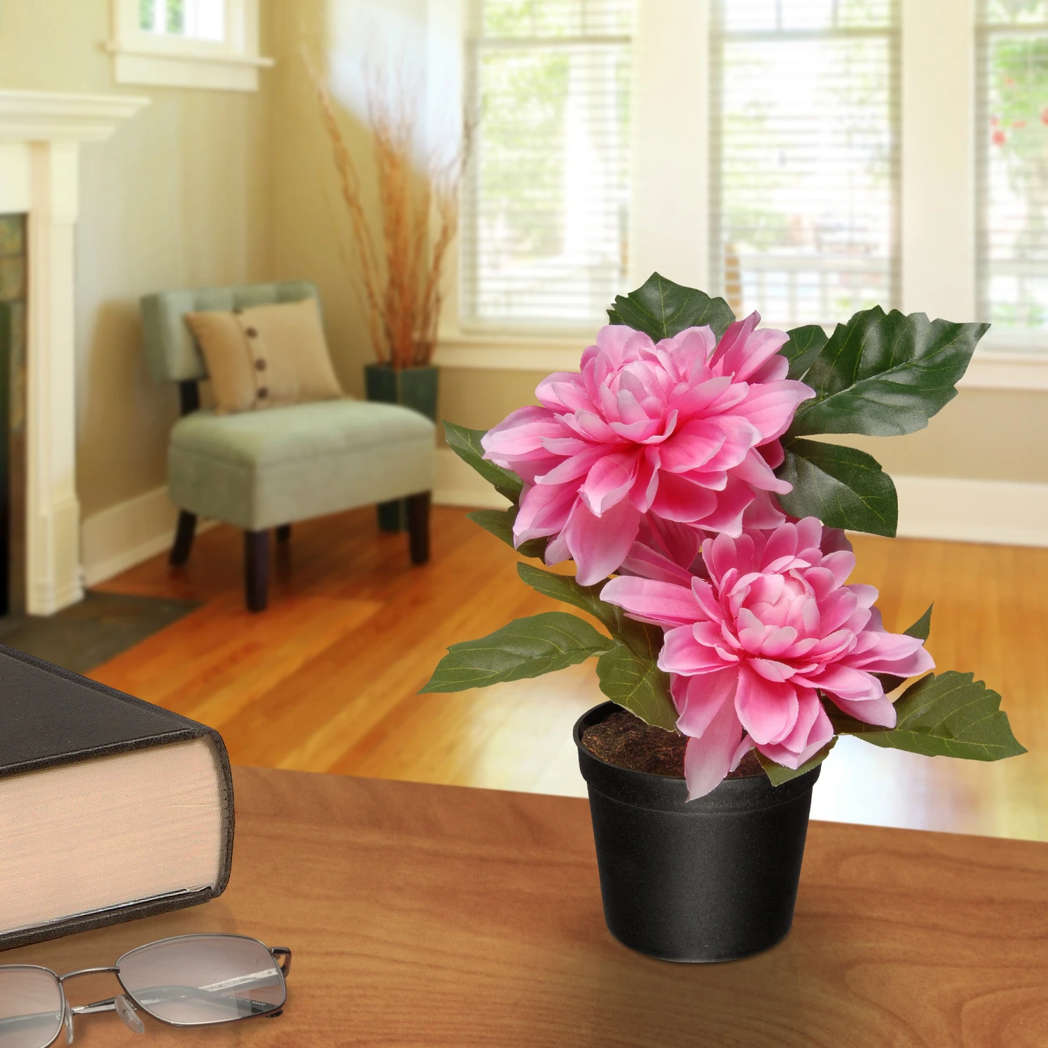 Artificial Potted Flowers, Pink Dahlias, Includes Black Pot Base, Spring Collection, 7 Inches 2 Artificial Potted Flowers, Pink Dahlias, Includes Black Pot Base, Spring Collection, 7 Inches - Image 2