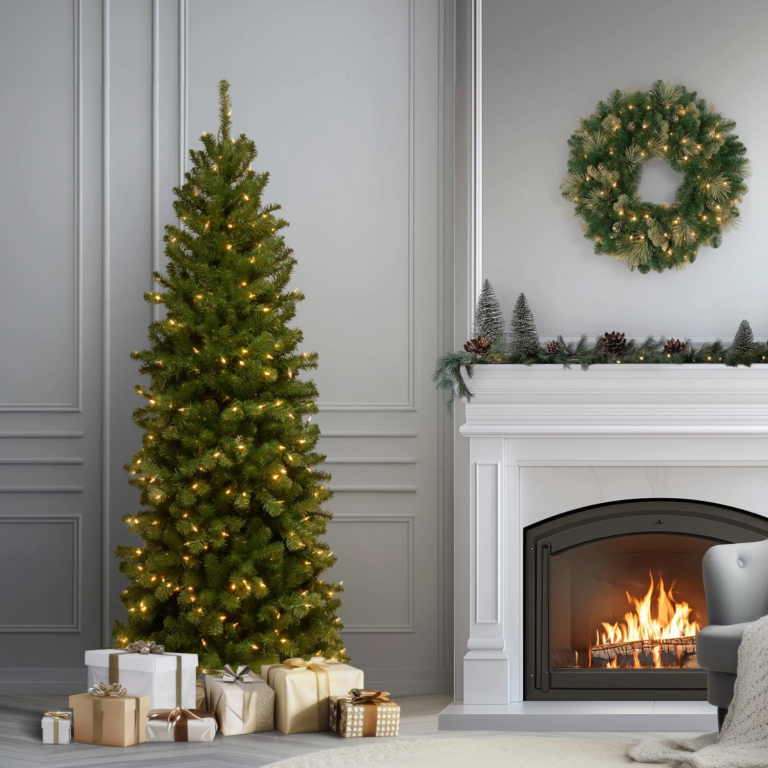 6 Ft. Pre-Lit North Valley Spruce Pencil Slim Tree With Clear Lights 2 6 Ft. Pre-Lit North Valley Spruce Pencil Slim Tree With Clear Lights - Image 2