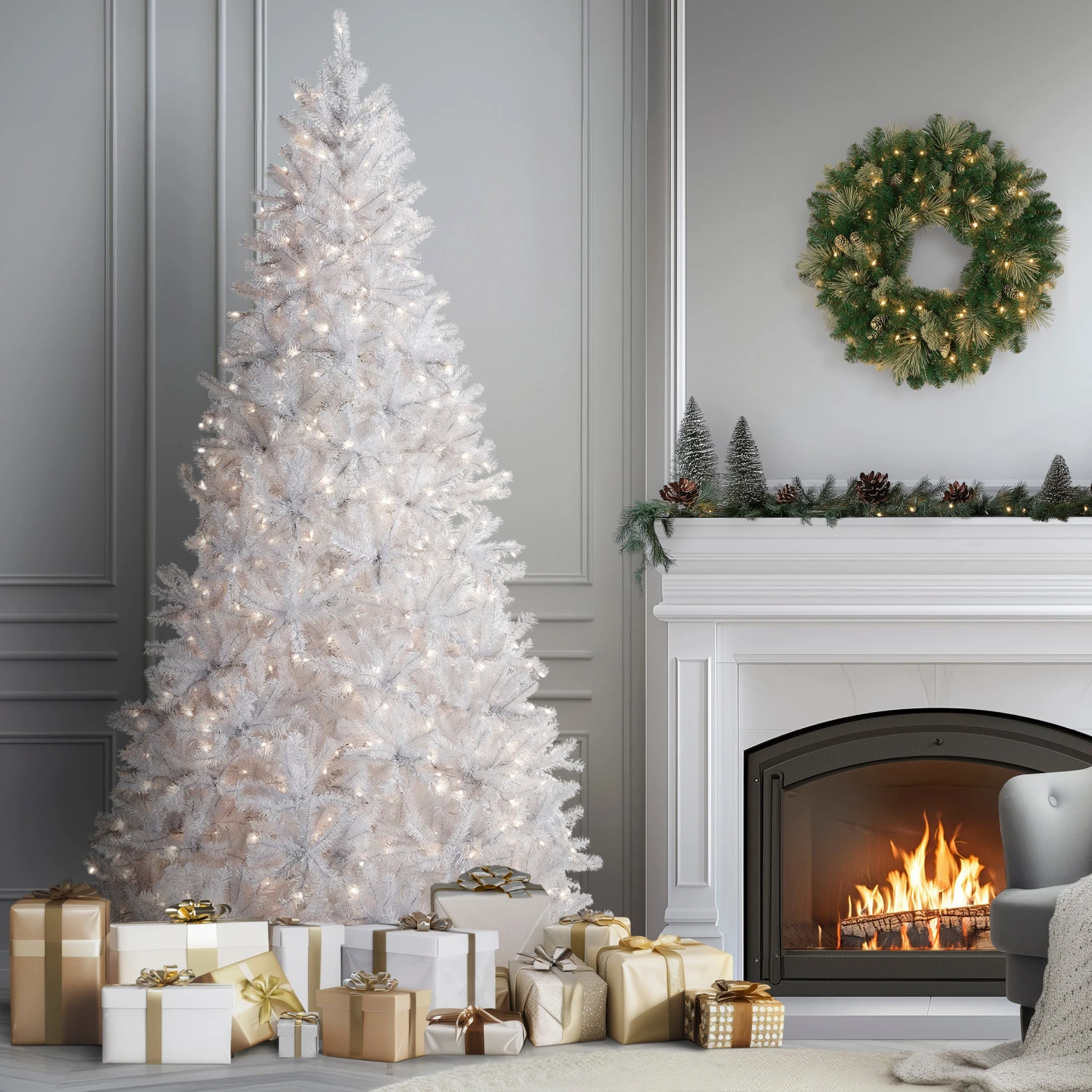 9 Ft. Pre-Lit North Valley Spruce White Tree With Clear Lights 2 9 Ft. Pre-Lit North Valley Spruce White Tree With Clear Lights - Image 2