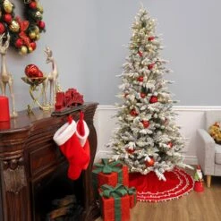 7 Ft. Pre-Lit Snowy Calton Pine Tree With LED Lights -Christmas Trees Sales PECP64 300L 70 Deco