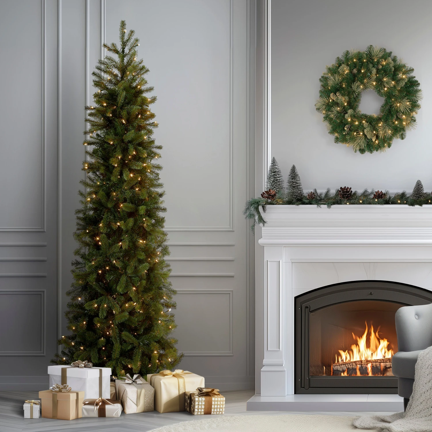 7.5 Ft. Pre-Lit Downswept Douglas Fir Pencil Slim Tree With Clear Lights 2 7.5 Ft. Pre-Lit Downswept Douglas Fir Pencil Slim Tree With Clear Lights - Image 2