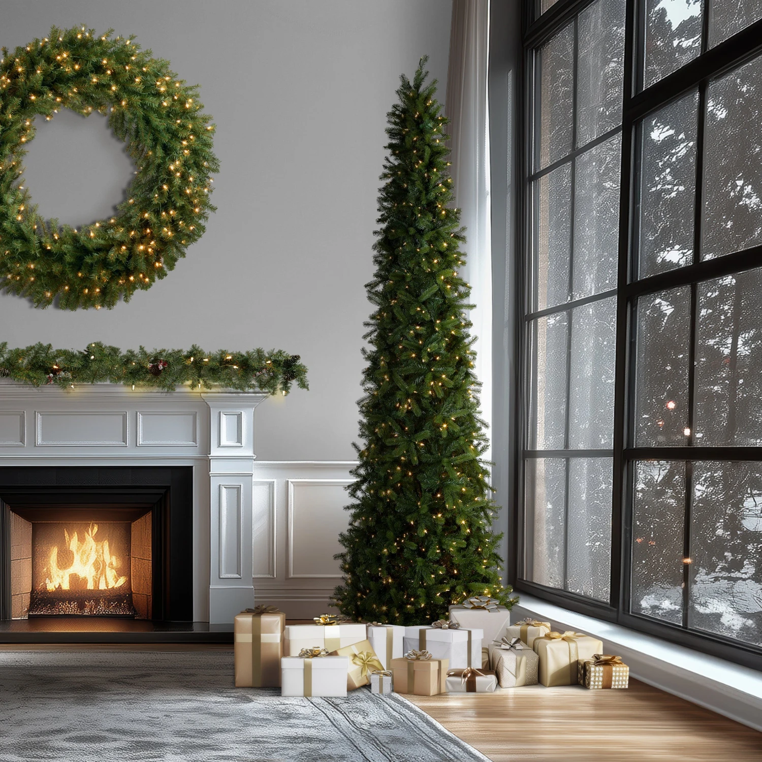 12 Ft. Pre-Lit Downswept Douglas Fir Pencil Slim Tree With Dual Color LED Lights 2 12 Ft. Pre-Lit Downswept Douglas Fir Pencil Slim Tree With Dual Color LED Lights - Image 2