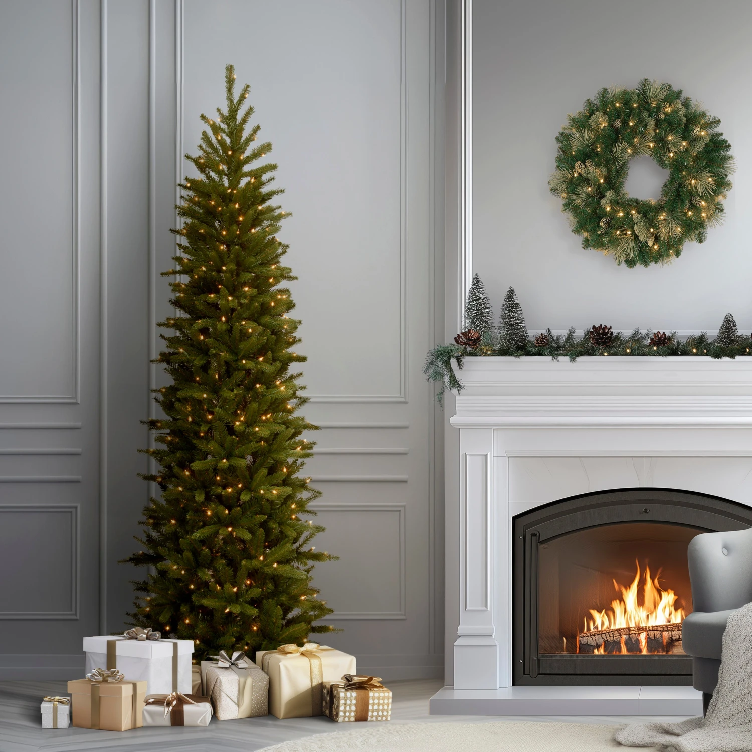 6.5 Ft. Pre-Lit Grande Fir Pencil Slim Tree With Clear Lights 2 6.5 Ft. Pre-Lit Grande Fir Pencil Slim Tree With Clear Lights - Image 2