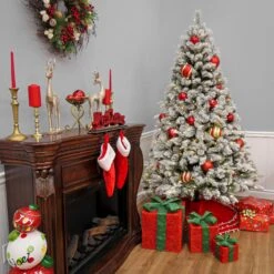 7.5 Ft. Pre-Lit Snowy Silver Hill Pine Tree With LED Lights -Christmas Trees Sales PESH64 300L 75 Deco