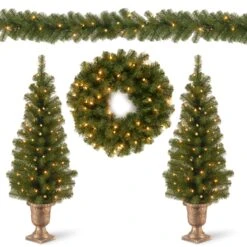 Pre-Lit Evergreen Assortment Set Of 2 Entrance Trees, 1 Wreath, 1 Garland