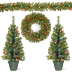 Pre-Lit Promotional Green Assortment Set Of 2 Entrance Trees, 1 Wreath, 1 Garland