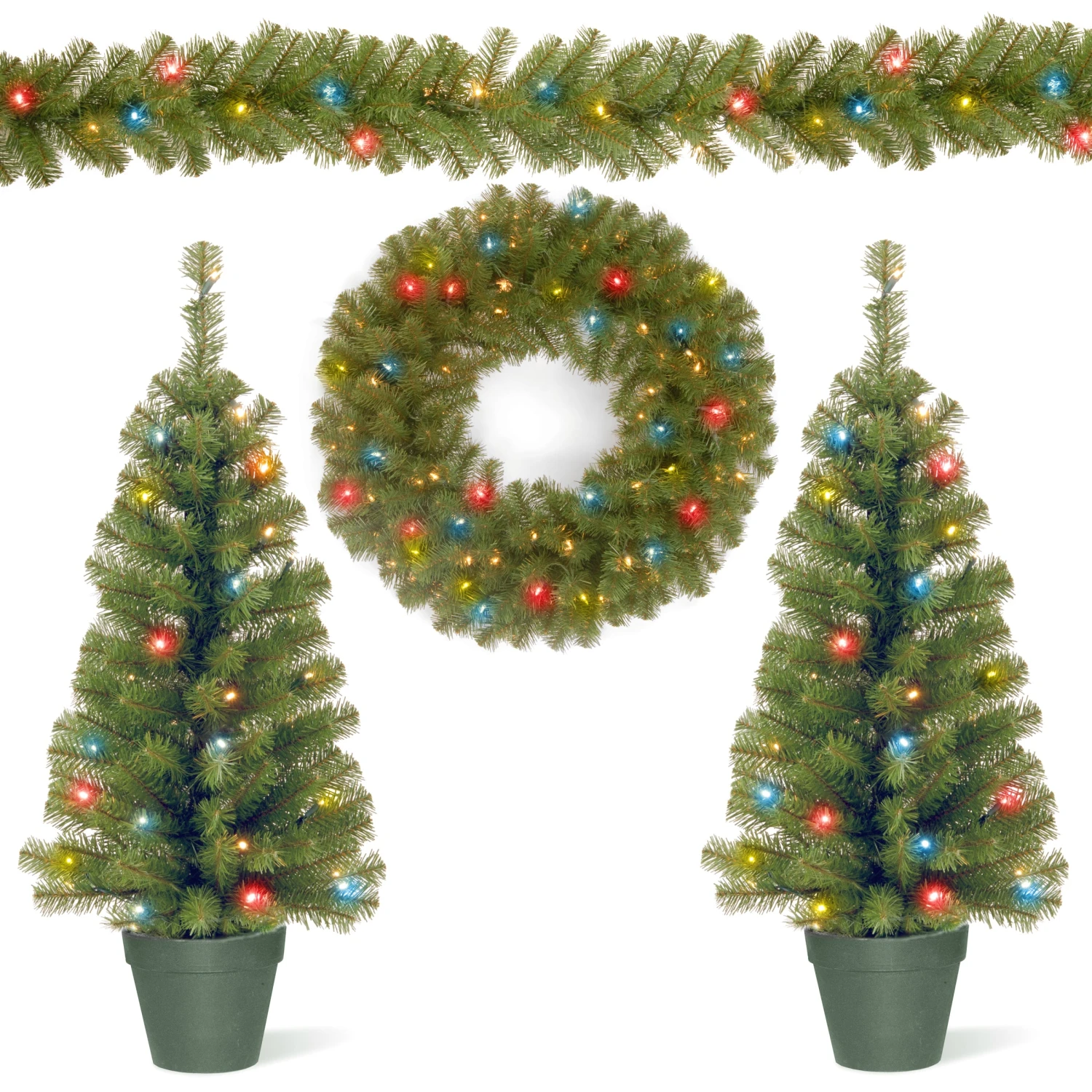 Pre-Lit Promotional Green Assortment Set Of 2 Entrance Trees, 1 Wreath, 1 Garland 1 Pre-Lit Promotional Green Assortment Set Of 2 Entrance Trees, 1 Wreath, 1 Garland