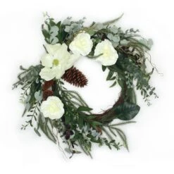 26 In. Mixed Greens And White Flowers Decorated Wreath