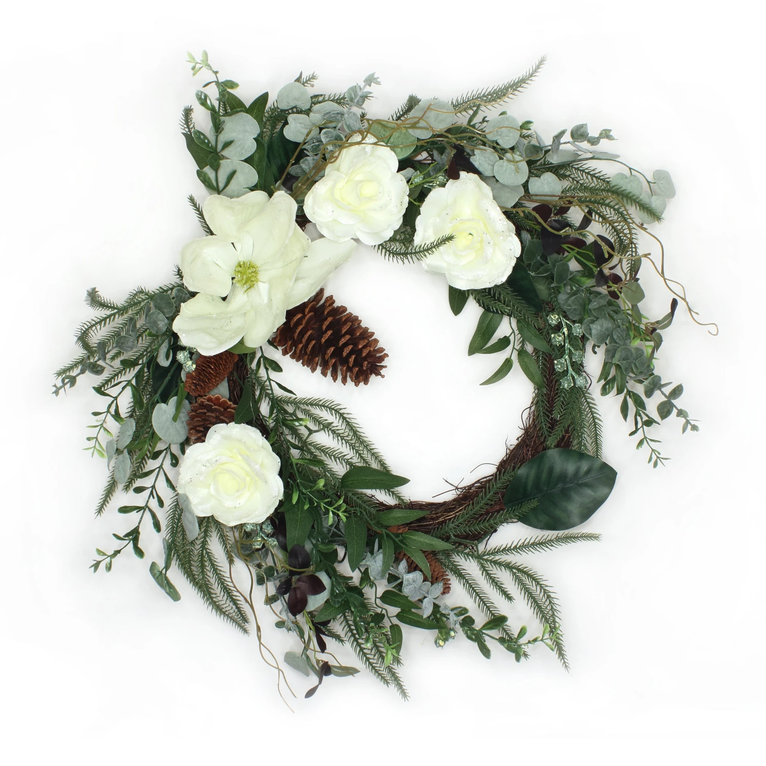 26 In. Mixed Greens And White Flowers Decorated Wreath 1 26 In. Mixed Greens And White Flowers Decorated Wreath