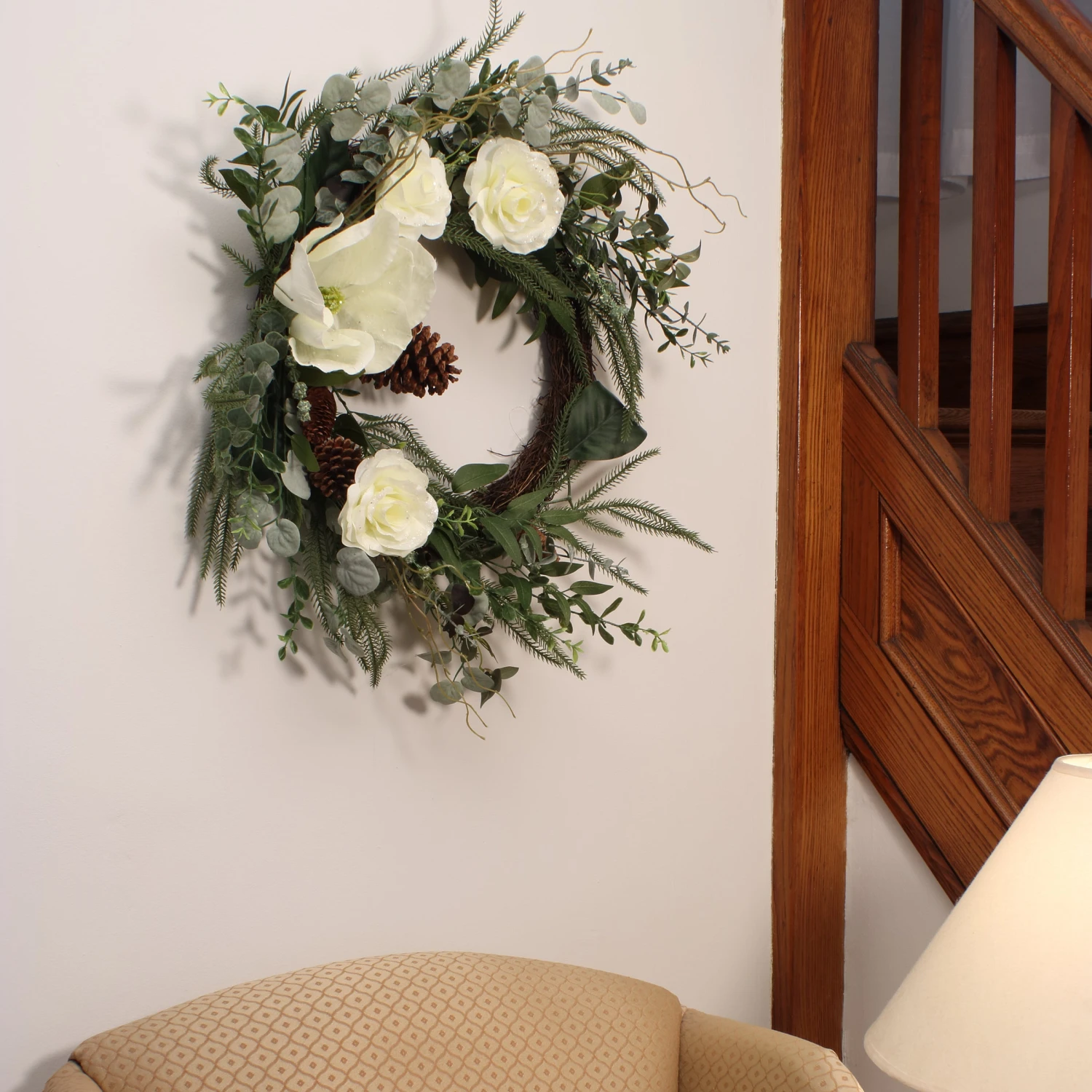 26 In. Mixed Greens And White Flowers Decorated Wreath 2 26 In. Mixed Greens And White Flowers Decorated Wreath - Image 2