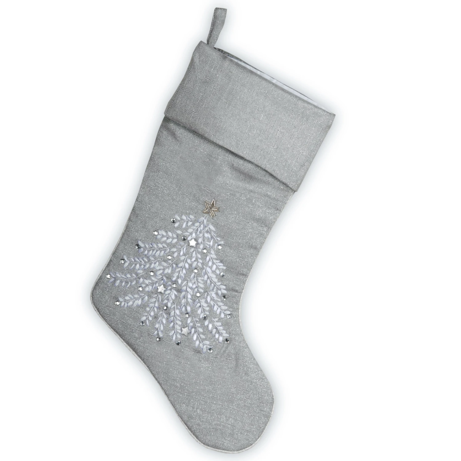 19 In. Silver Stocking With Christmas Tree Design 1 19 In. Silver Stocking With Christmas Tree Design