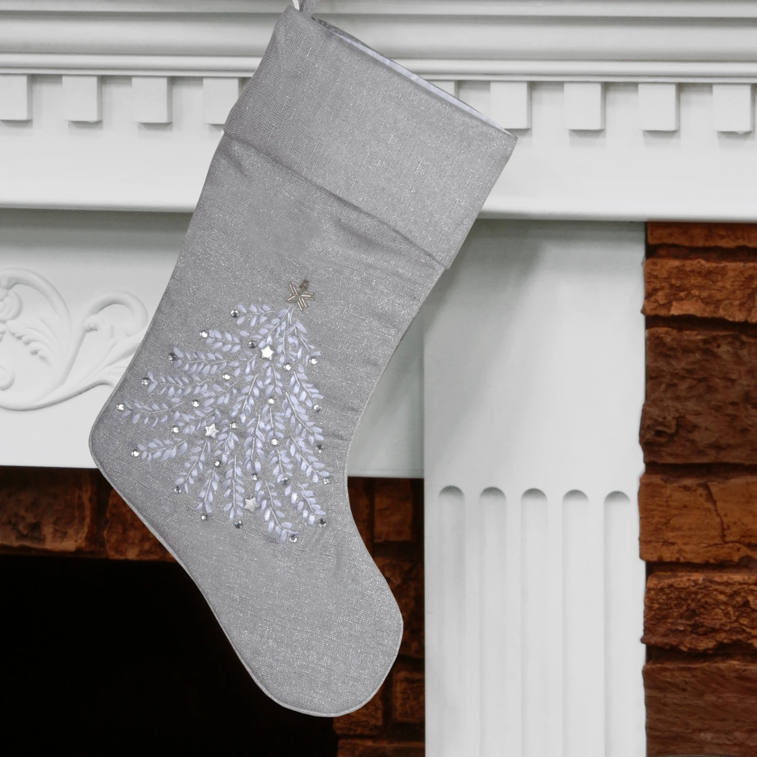 19 In. Silver Stocking With Christmas Tree Design 2 19 In. Silver Stocking With Christmas Tree Design - Image 2