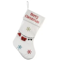 18 In. White Merry Christmas Stocking With Snowflakes