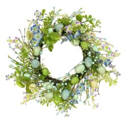 20 In. Easter Wreath Decorated With Blue Flower Blooms, Pastel Eggs