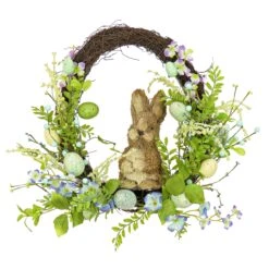 16 In. Easter Wreath Decorated With Wooden Bunny, Blue Flower Blooms, Pastel Eggs, Berries