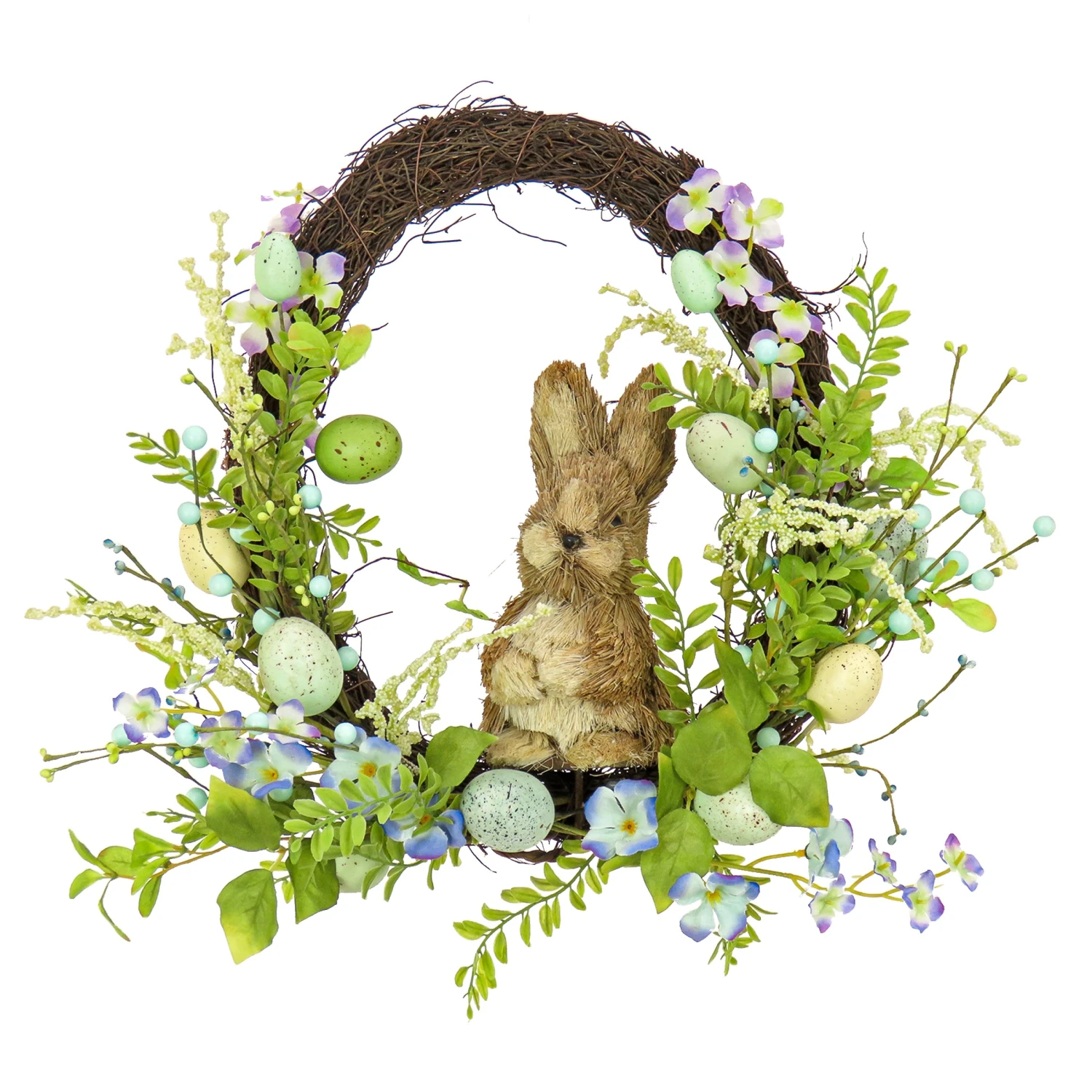 16 In. Easter Wreath Decorated With Wooden Bunny, Blue Flower Blooms, Pastel Eggs, Berries 1 16 In. Easter Wreath Decorated With Wooden Bunny, Blue Flower Blooms, Pastel Eggs, Berries