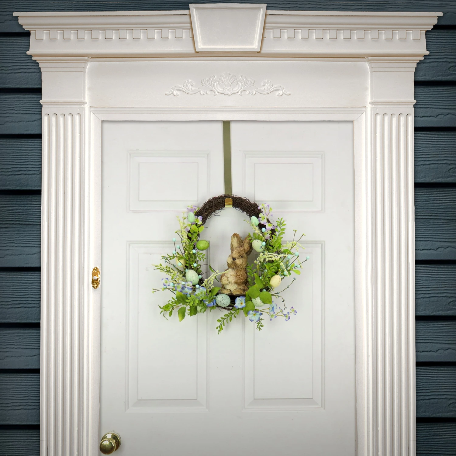 16 In. Easter Wreath Decorated With Wooden Bunny, Blue Flower Blooms, Pastel Eggs, Berries 2 16 In. Easter Wreath Decorated With Wooden Bunny, Blue Flower Blooms, Pastel Eggs, Berries - Image 2