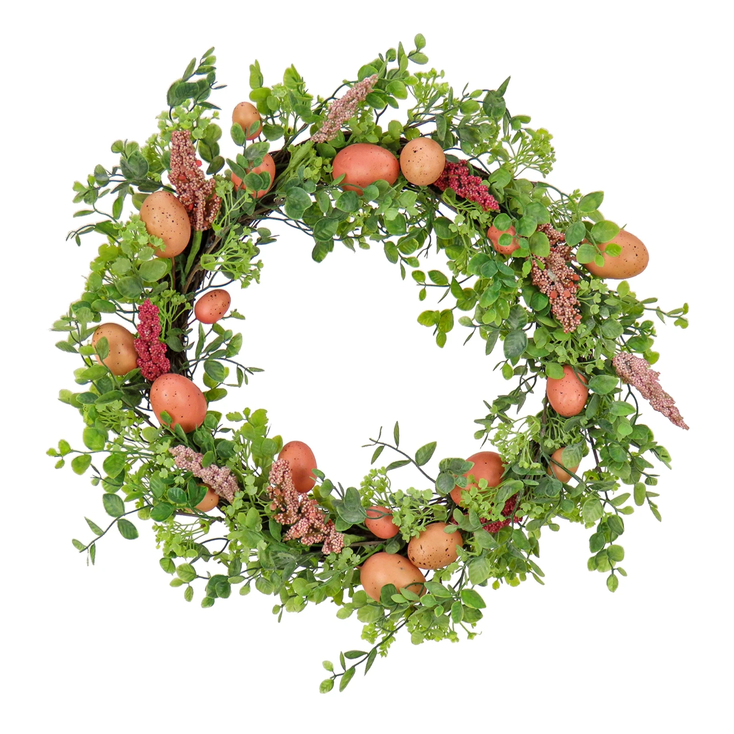 22 In. Easter Wreath Decorated With Pink Pastel Eggs, Pink Flowers, Leafy Greens 1 22 In. Easter Wreath Decorated With Pink Pastel Eggs, Pink Flowers, Leafy Greens