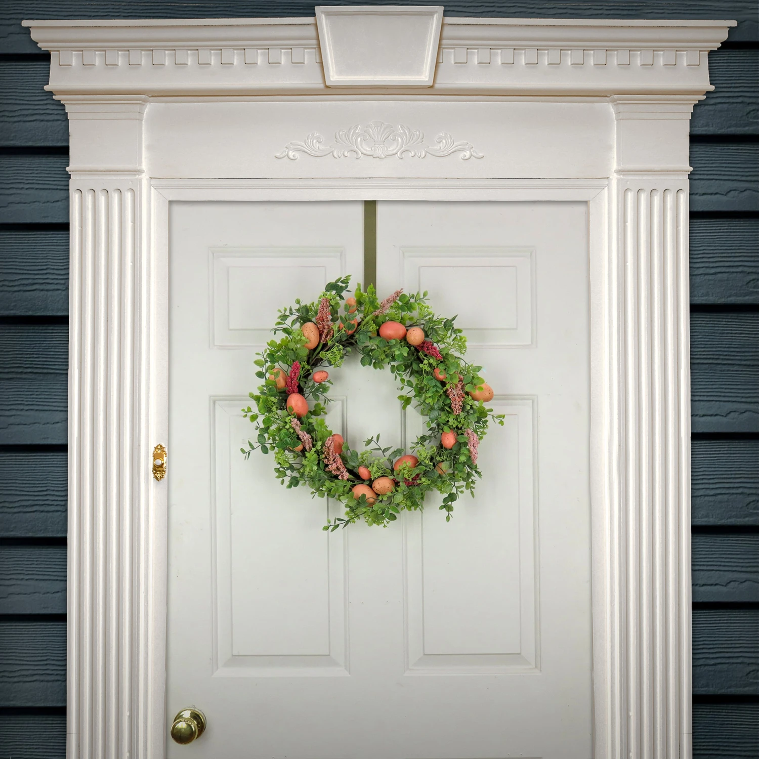 22 In. Easter Wreath Decorated With Pink Pastel Eggs, Pink Flowers, Leafy Greens 2 22 In. Easter Wreath Decorated With Pink Pastel Eggs, Pink Flowers, Leafy Greens - Image 2