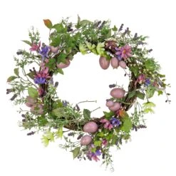 22 In. Easter Wreath Decorated With Purple Pastel Eggs, Pink Flowers, Leafy Greens