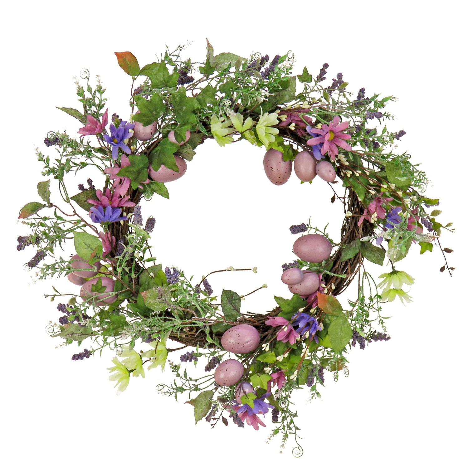 22 In. Easter Wreath Decorated With Purple Pastel Eggs, Pink Flowers, Leafy Greens 1 22 In. Easter Wreath Decorated With Purple Pastel Eggs, Pink Flowers, Leafy Greens