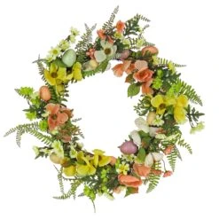 22 In. Easter Wreath Decorated With Colorful Pastel Eggs, Pink And Yellow Flowers, Ferns, Leafy Greens