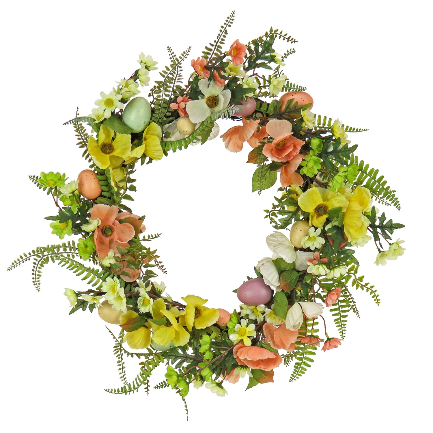 22 In. Easter Wreath Decorated With Colorful Pastel Eggs, Pink And Yellow Flowers, Ferns, Leafy Greens 1 22 In. Easter Wreath Decorated With Colorful Pastel Eggs, Pink And Yellow Flowers, Ferns, Leafy Greens