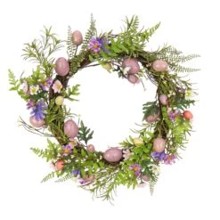22 In. Easter Wreath Decorated With Pink Pastel Eggs, Purple Flowers, Ferns, Leafy Greens