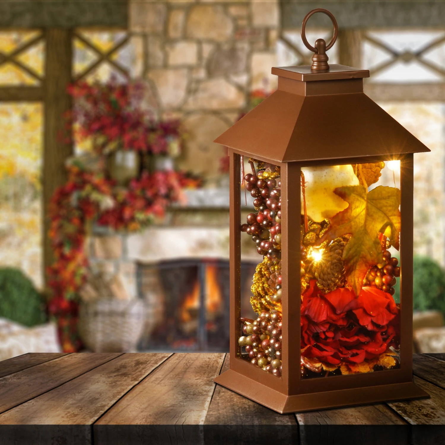 12 In. Fall Lantern With LED Lights, Filled With Pumpkins, Leaves, Flowers, Berry Clusters 2 12 In. Fall Lantern With LED Lights, Filled With Pumpkins, Leaves, Flowers, Berry Clusters - Image 2