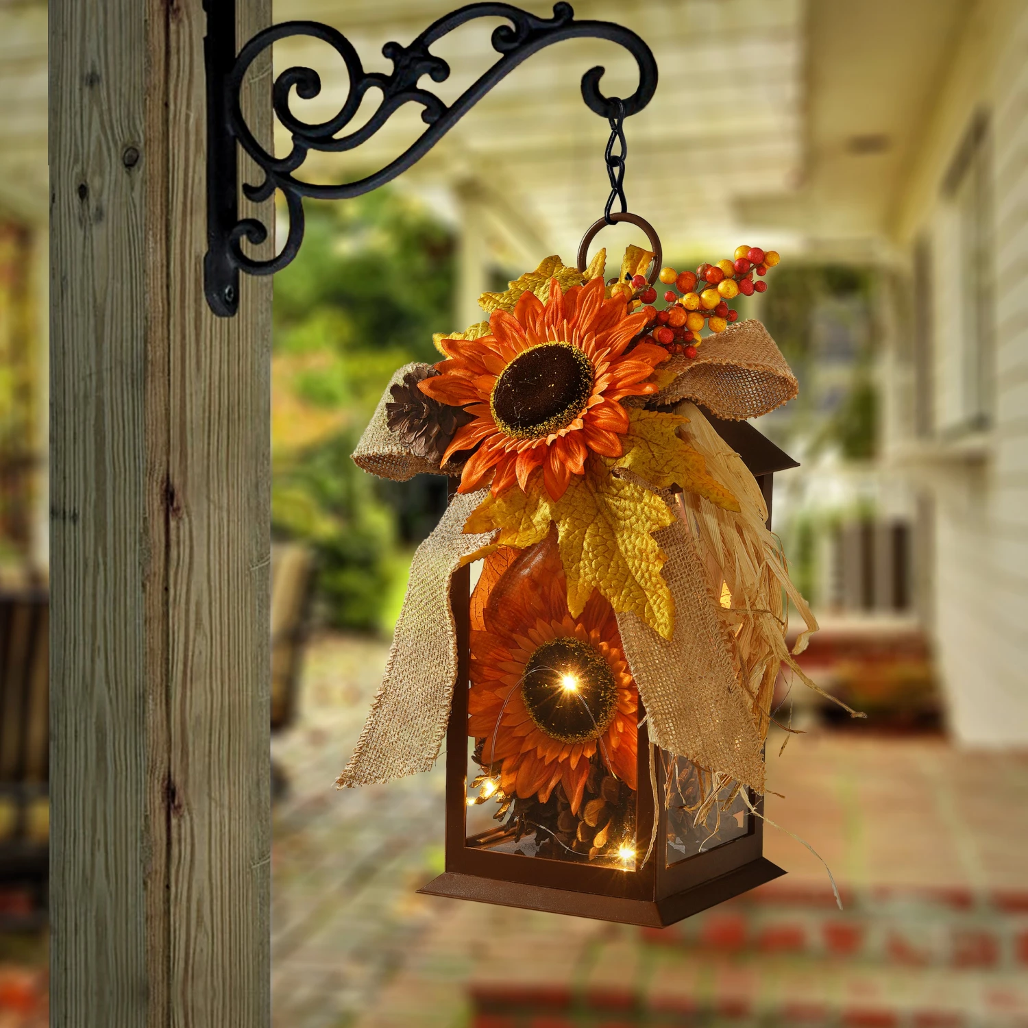 12 In. Fall Lantern With LED Lights, Filled With Sunflower Blooms, Leaves, Pinecones, Berry Clusters 2 12 In. Fall Lantern With LED Lights, Filled With Sunflower Blooms, Leaves, Pinecones, Berry Clusters - Image 2
